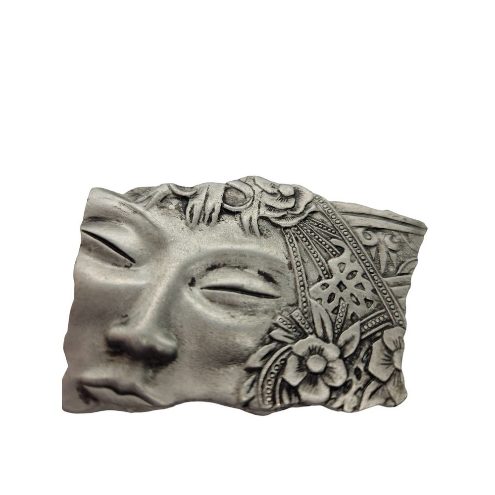 Vintage Brooch  JJ Jonette Signed Woman's Asian Face Buddha Pin Pewter 2.5"